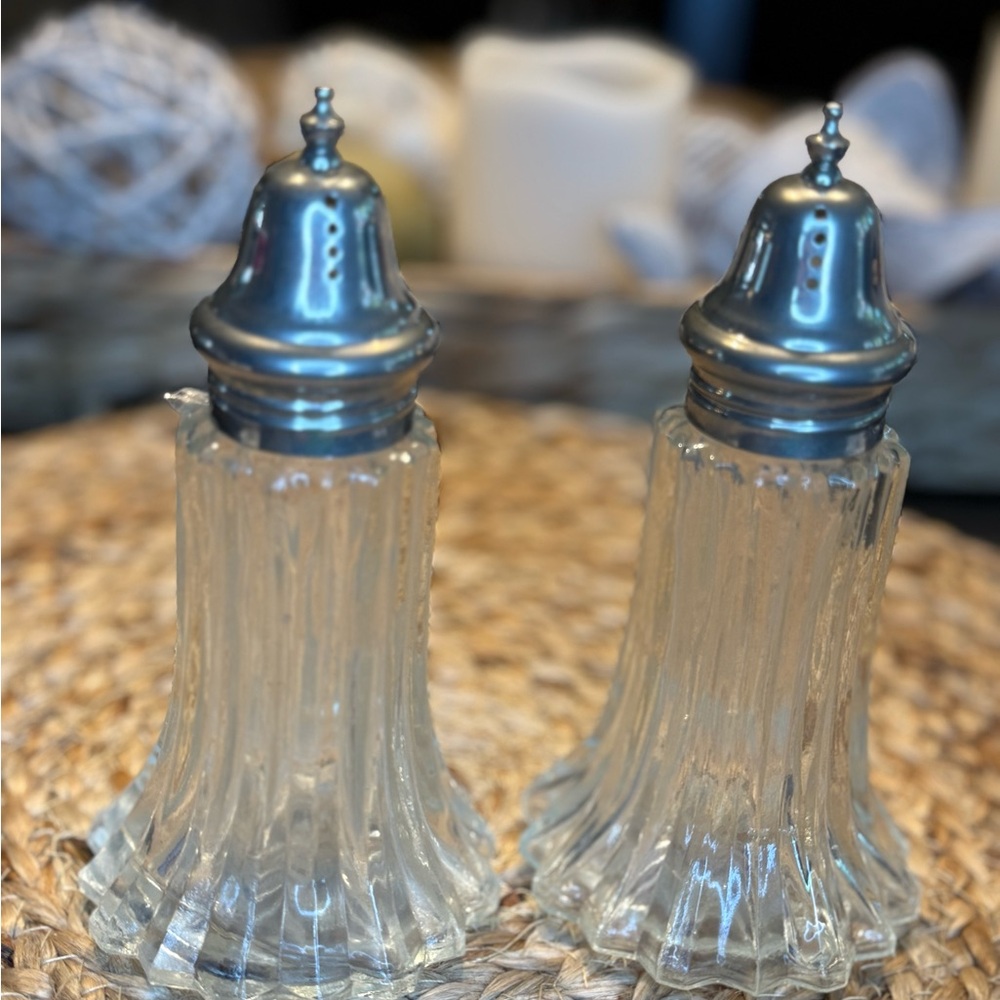 Vintage 1950s Crystalt Salt & Pepper Shakers w/Silver Plated Lids